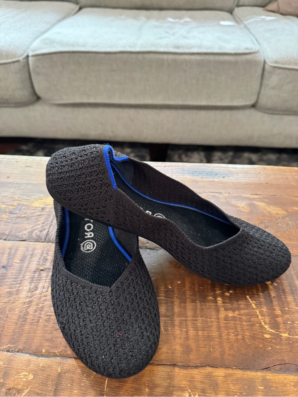 Rothy's Black Knit Ballet Flats with Blue Trim. Size 8.5/9